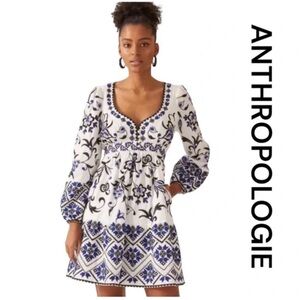Anthropologie White and Blue Floral Dress